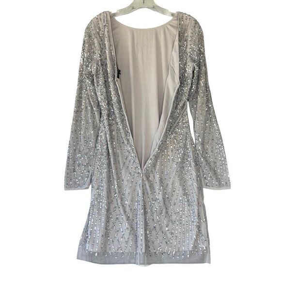 Aidan Mattox Gray Silver Sequin Mini Dress Long Sleeve Boat V Neck Women Size 8 - Picture 7 of 10